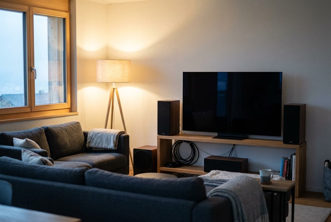 Modernes Heimkino mit wandmontiertem TV und Lautsprechern in einem Schweizer Wohnzimmer