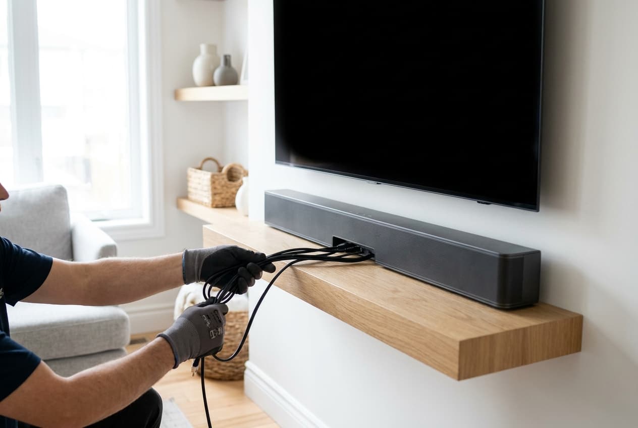 Techniker montiert Soundbar unter einem wandmontierten Flachbild-TV
